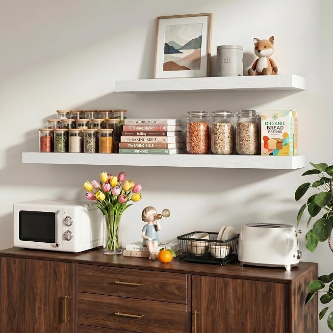 Vivelove 48 Inch Floating Shelves Wall Mounted for Display, 6.5 Deep Duty Shelves with Invisible Brackets for Living Room,Bedroom,Kitchen, Bathroom Storage & Decor,48" Wx6.5 Dx1.4 H - White