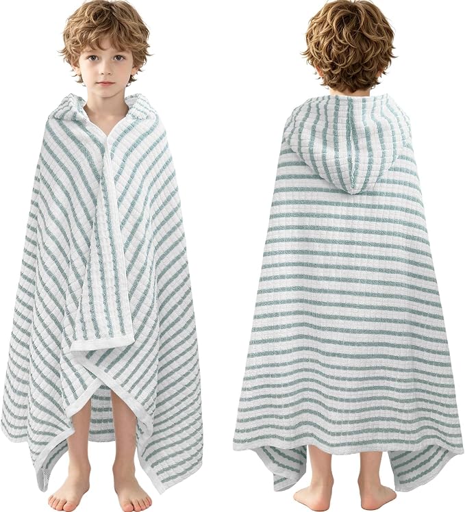 VOOVA & MOVAS Kids Bath Towel, 6-10 Years, 100% Cotton,White Green Stripe | Soft Horizontal Striped Print, Fluffy Thick Cotton, Suitable for Pool, Swim and Daily Bath