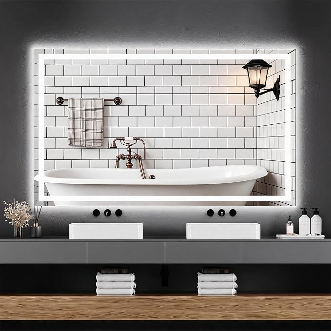 Large LED Bathroom Mirror 60x36 Inch - Frontlit & Backlit Frameless Wall Vanity Mirror with Stepless Dimming, Adjustable Color Temp, Anti-Fog Defogger, Smart Memory & 3X Suction Mirror, Sha