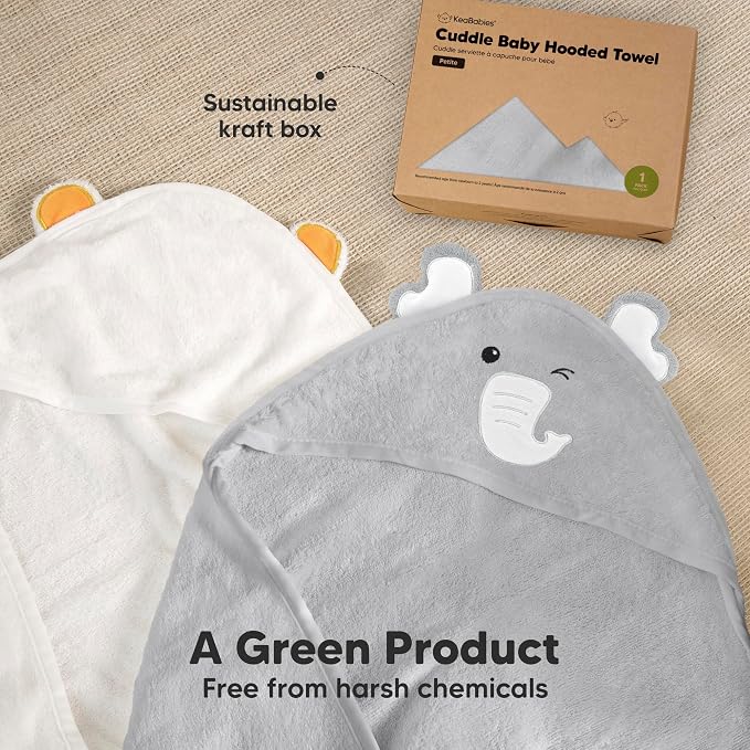 KeaBabies Hooded Baby Towel for Newborn, Baby Bath Towels (Elephant, 30x30) | Viscose Derived from Bamboo, Large Baby Towels with Hood, Boys, Girls, Toddler, Soft Absorbent Baby Bath Essentials