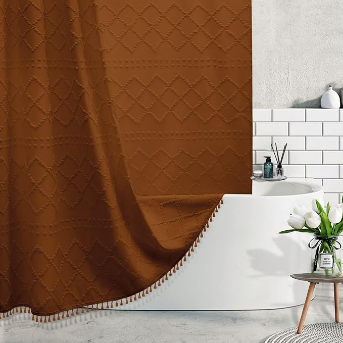 Siiluminisoy Extra Long Shower Curtains Burnt Orange 72 x 78 Inches Tufted Chevron Fabric for Bathroom Vintage Shabby Chic Waterproof Cloth Shower Curtain