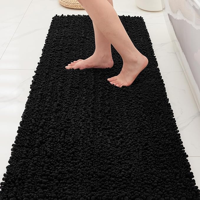 Bathroom Rugs Non Slip Washable 55x24, Extra Thick Soft Chenille Absorbent Bath Mat, High Density Barrier Non Slip Backing, Quick Dry Plush Shaggy Floor Carpet for Tub&Shower, Black