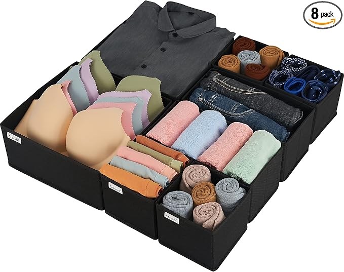 Drawer Organizer Clothes, 8 Pack Underwear Drawer Organizer, Foldable Cloth Storage Box Closet Organizers and Storage for Clothes, Socks, Scarves, Ties (Black)