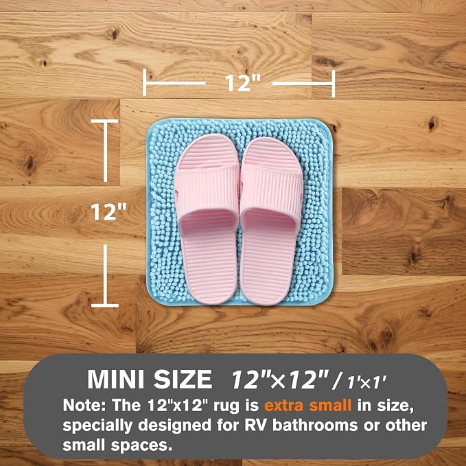 Small Bathroom Rug 12"x12" – Washable and Absorbent Mini Bath Mat, Non Slip, Thick Soft Chenille Bath Rugs for Bathroom, Shower, Locker Rug(Sky Blue)