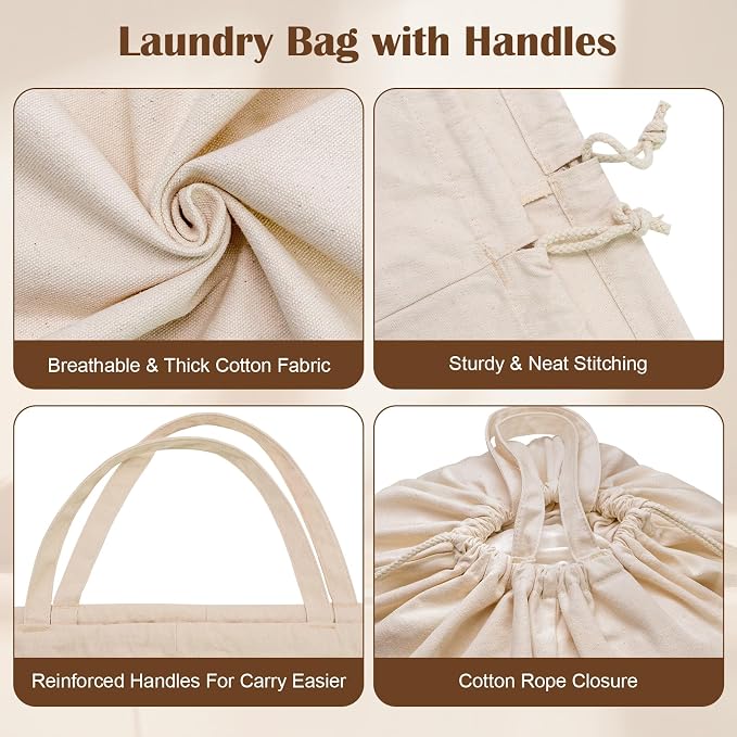 Cotton Canvas Laundry Bag with Handles & Drawstring, XL 33"Wx 35"H, Natural | Extra Large Heavy Duty Washable Basket Liner Hamper Liner Replacement, Thick Cotton Storage Sack, 1Pack