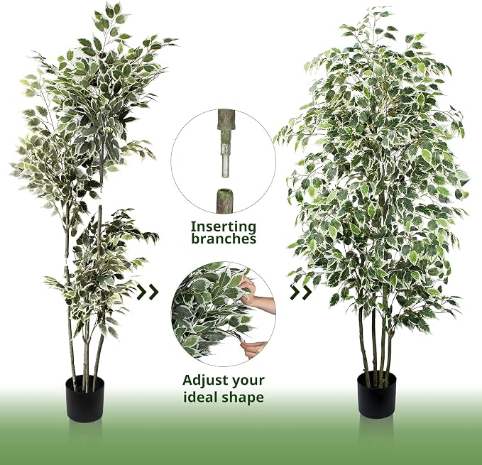 Yepdin 6 FT Artificial Ficus Tree 600 Leaves Faux Plants Indoor Tall with Black Pot Large Fake Tree for Home Office Living Room Decor