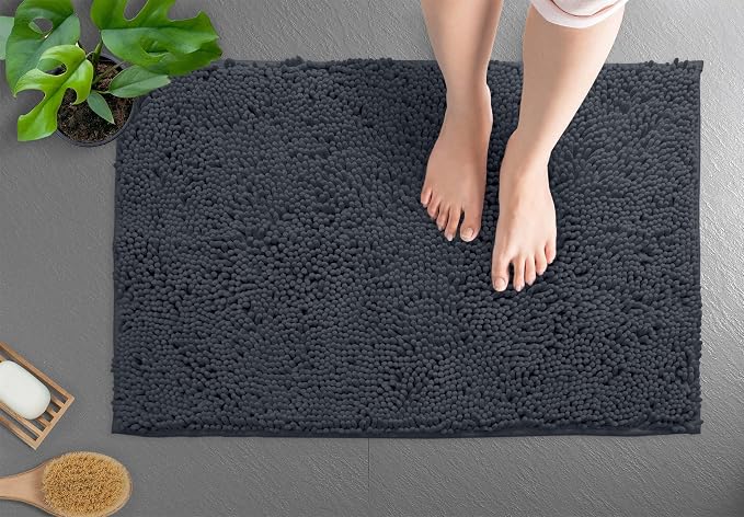 LuxUrux Bath Mat, Extra-Soft Plush Non-Slip Bathroom Rug, Luxury Chenille Microfiber Material, Super Absorbent Shaggy Bath Rug. Machine Wash & Dry (17 x 24 inches, Charcoal)