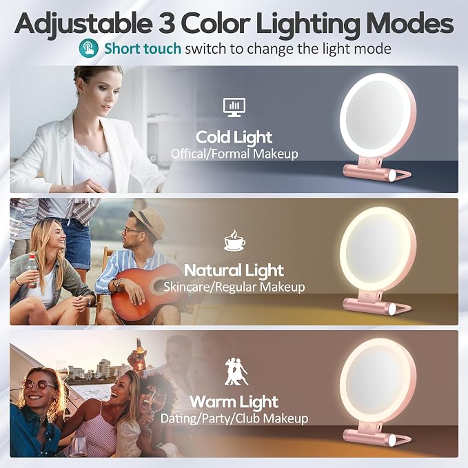 Magnifying Mirror with Light 30X, Double-Sided 1X/30X Magnifying Makeup Mirror with Tweezer, 2000mAh 3 Colour Modes with Adjustable Brightness,Foldable Compact Travel Mirror(Rose Gold)