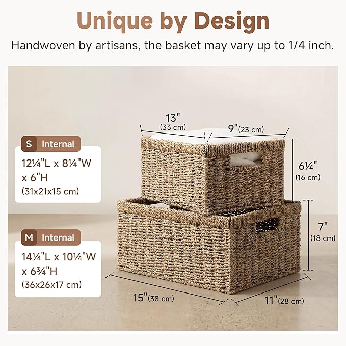 StorageWorks Wicker Storage Baskets,Natural Seagrass Storage Baskets,2-Pack | Seagrass Baskets for Storage, Seagrass Woven Storage Baskets with Built-i Handles, Decorative Woven Baskets for Storage