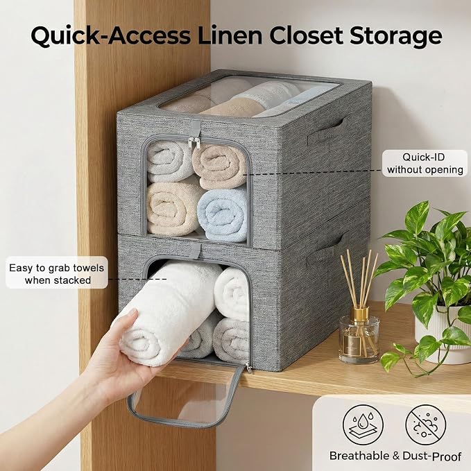 GoMaihe Baby Clothes Storage Bins with Metal Frame 27L 3-Pack Grey | Kids Toddler Child Clothing & Towels Small Items, Closet Top Shelf Boxes, Collapse-Proof Stackable, Clear Window Dual Access
