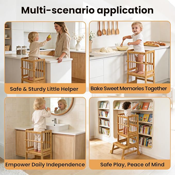 HBTower Toddler Standing Tower, Kids Kitchen Step Stool with Safety Rails | Stable Toddler Learning Tower for Kitchen Counter with Anti-Slip Feet, Hold Up to 450 LBS, Natural Bamboo & Easy to Clean