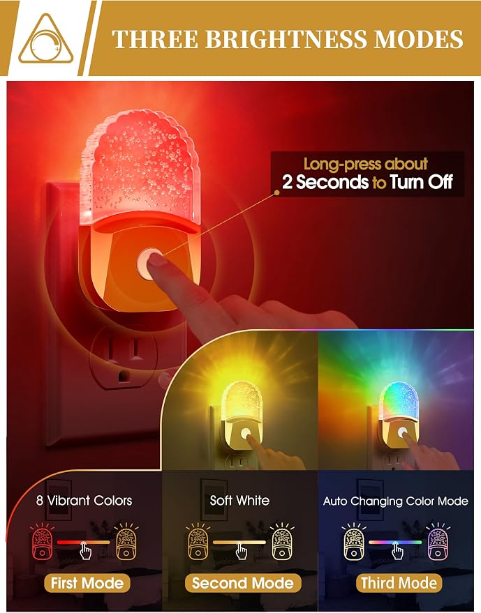 8-Color RGB Night Lights Plug Into Wall,2 Pack,Kids Night Light | Color Changing Night Light,LED Night Light with Dusk to Dawn Sensor,for Bathroom Decor Children Room,Golden Cover