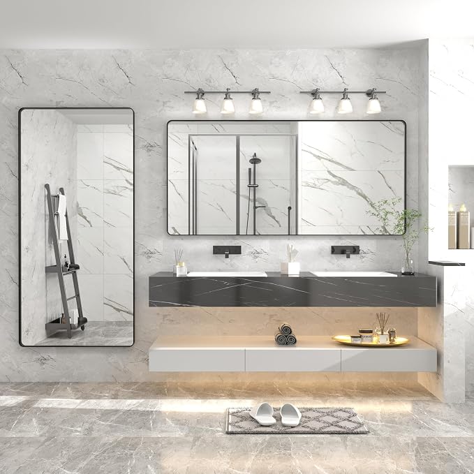 60x28 Black Framed Bathroom Mirror | Large Matte Black Bathroom Vanity Mirror for Wall, Rounded Rectangle, Anti-rust, Shatterproof (Horizontally/ Vertically)
