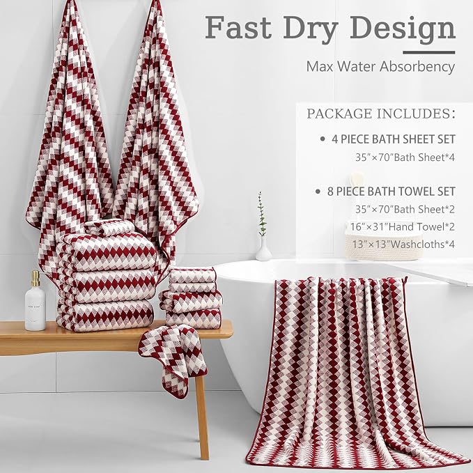 8 Piece Bathroom Towel Set |2 Oversized Bath Towels,2 Hand Towels,4 Washcloths| 600GSM Soft Hotel Towel Set Large Bath Sheet for Bathroom,Highly Absorbent Quick Dry Bath Towel Collections,Burgundy
