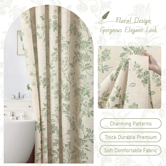 Sage Green Floral Shower Curtain,Vintage Linen Beige Cottagecore Shower Curtains for Bathroom, 72" W x 72" L