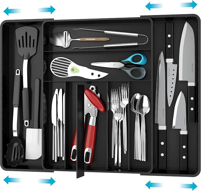Simple Houseware Expandable Kitchen Drawer Flatware Organizer, Black | Expandable Kitchen Drawer Flatware Organizer, Black – Adjustable Cutlery Tray with 9 Compartments for Utensils and Silverware