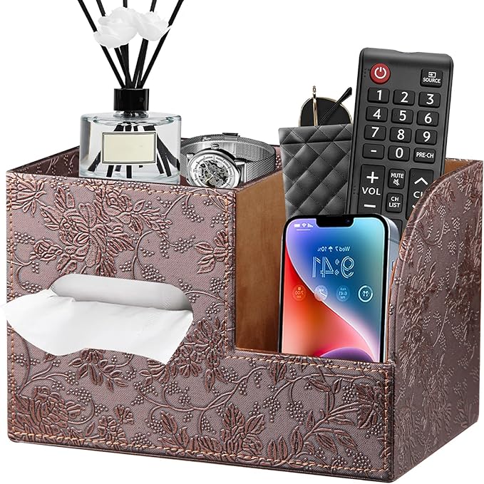 PU Leather Square Tissue Box Cover with Storage Tray,Cube Tissue Box Holder