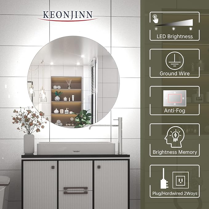 Keonjinn 28 Inch Round LED Mirror, Backlit Mirror Bathroom, 3 Color Lights | Explosion Proof Tempered Glass, Auto-OFF Defogging, Dimmable, Hardwired/Plug in, Circle Makeup Vanity Mirror with Lights