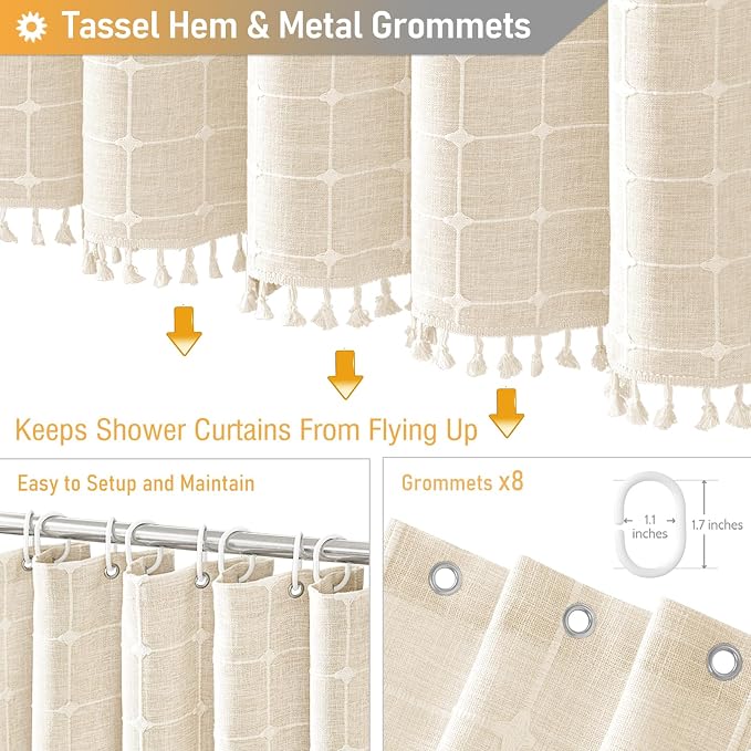 48x72 Boho Farmhouse Linen Heavy Duty Shower Curtain Set, Cream/Beige | Stall Size, 330GSM Linen Blend, 3-side Tassels, Water Repellent Fabric, 8 Plastic Hooks, Rustic Bohemian, Machine Washable