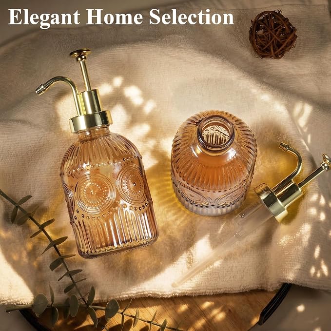 Amolliar 12 Oz Glass Soap Dispenser with Plastic Pump,Brown-Golden,2 Pack | Antique Rustic Hand Liquid Bottle for Bathroom/Kitchen, Vintage/Farmhouse/Boho Style, Pump Dispenser, Refillable