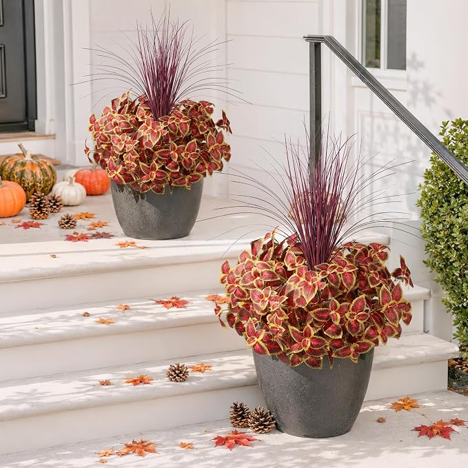 florisso Fall Artificial Coleus Plants Outdoot with Burgundy Grass 5Pcs | Faux Fall Plants UV Resistant Silk Plants with Stems, Fake Plants for Outside Garden Patio Planter Pathway Front Porch