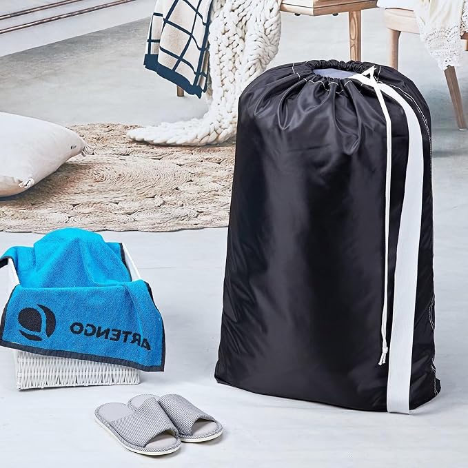 HOMEST 2 Pack XL Nylon Laundry Bag with Strap, Large Dirty Clothes Organizer, Easy Fit a Laundry Hamper or Basket, Can Carry Up to 4 Loads of Laundry, Black and Sky Blue | Heavy-duty nylon material supports bulky garments and daily transport between ba...