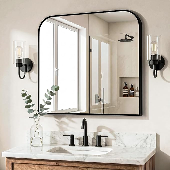 Black Bathroom Vanity Mirror 30x30 Inch, Metal Framed | HD Tempered Glass, Bathroom Mirror for over Sink, Living Room, Bedroom, Entryway, Mantel, Fireplace, Wall Mounted