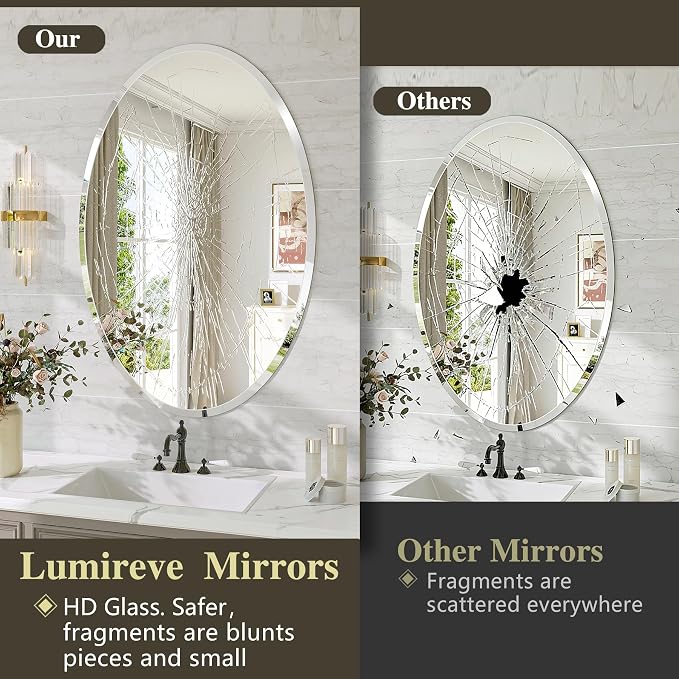 Frameless Oval Mirror, 22"x30" Beveled Bathroom Vanity Mirrors | 20mm beveled edge, 5mm HD glass, frameless, anti-rust, shatterproof, french cleat, horizontally or vertically