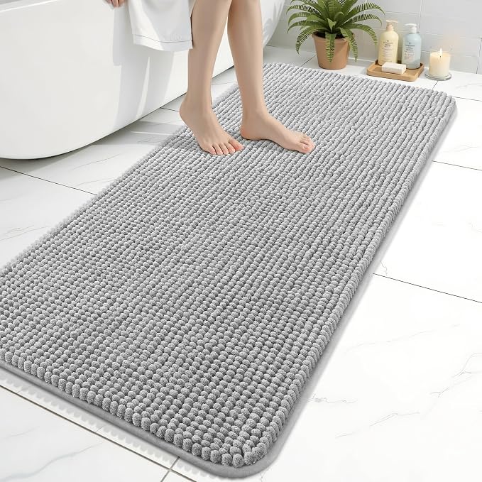 Arotive Chenille Bathroom Rugs 47x24, Soft Absorbent Bath Mat, Light Grey | Rubber Backing, Machine Washable Dry Bath Mats for Bathroom Floor, Tub and Shower, Home Decor Accessories