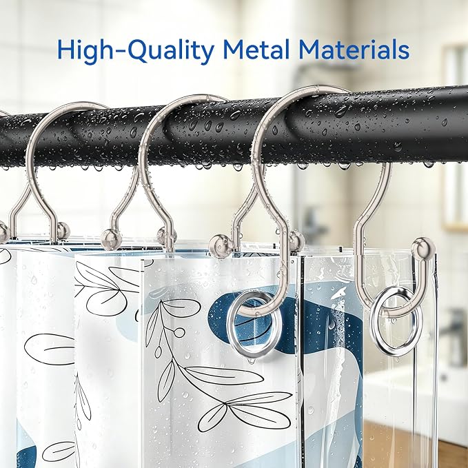 OEH Shower Curtain Hooks, 12 Pcs Minimalist Shower Curtain Rings, Metal Shower Curtain Hangers, Double Hook Shower Curtain Hooks Rust Proof, Glide Smoothly Shower Hooks for Shower Curtain Rod, Nickel