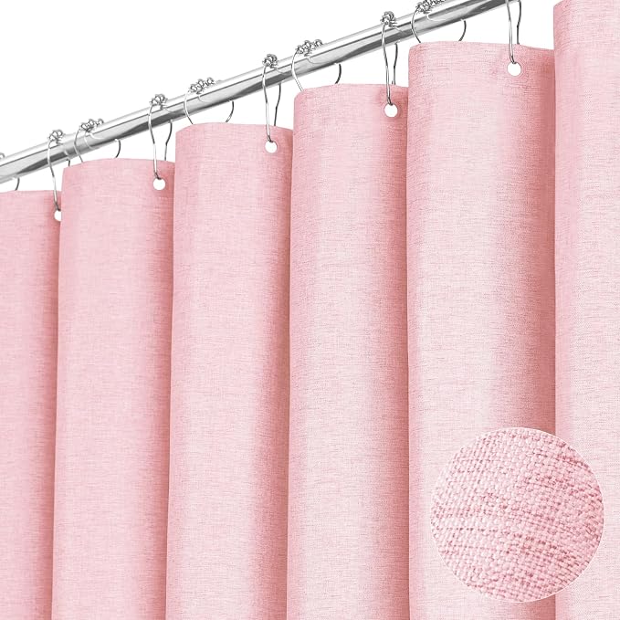 72x78 Linen Textured Waterproof Thick Fabric Shower Curtain Set, Pink | Long Size, 230GSM Polyester, Heavy Duty Cloth, Weighted Hem, 12 Plastic Hooks, Modern Luxury Hotel Style, Machine Washable
