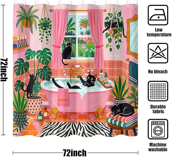 Accnicc Funny Cat Shower Curtain Boho Cute Fun Black Cats Shower Curtains for Bathroom Green Tropical Plant Pink Decorative Girly Waterproof Fabric Bath Curtain Decor 72 X 72 Inches