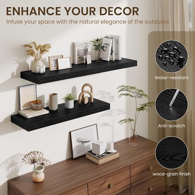 Fun Memories 72 Inch Fireplace Mantel Shelf, 12 Inch Deep Shelves for Display & Wall Storage, Rustic Wood Wall Shelf, Extra Long Floating Shelves for Living Room Laundry Room, Black, Set of 2