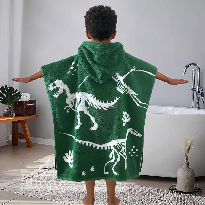 VOOVA & MOVAS Kids Poncho Towel, 4-8 Years, 100% Cotton, Dino | 28"x28" Roomy Size, Cartoon Dino Jacquard Print, Soft, Absorbent & Quick Dry for Daily Swimming