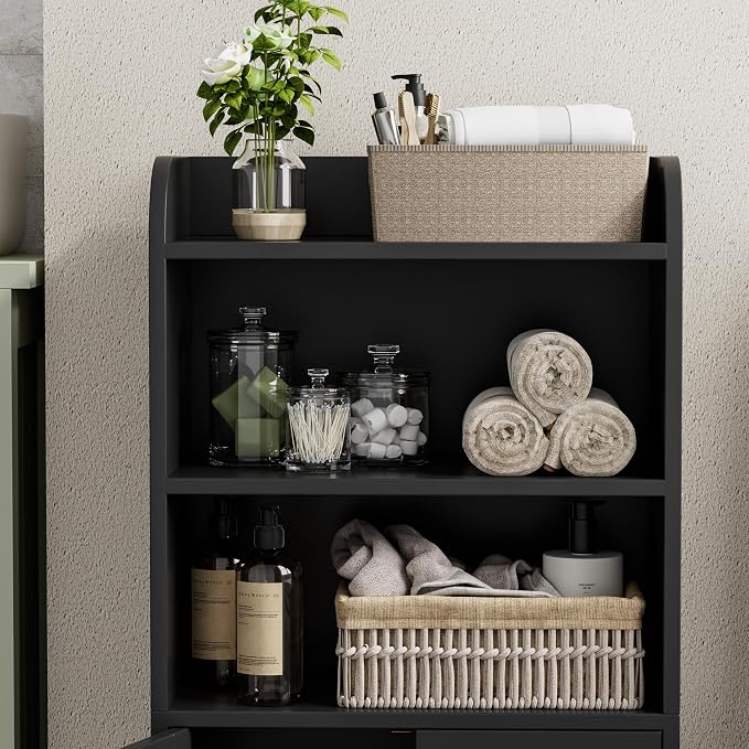 Homhedy Small Bathroom Storage Cabinet, Toilet Paper Storage Cabinet | Bathroom Floor Cabinet with Doors and Shelves, Bathroom Organizers for Small Spaces, 7.9" D x 14.6" W x 31" H, Black