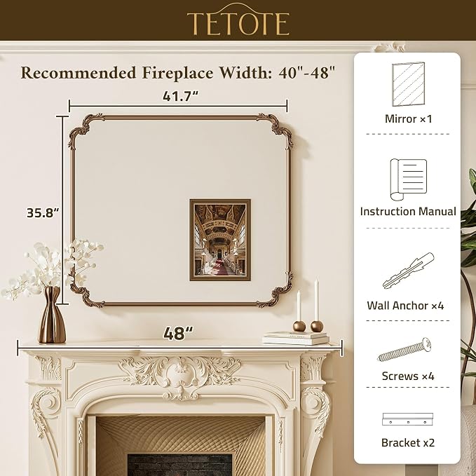 Baroque Antique Black Scroll Wall Mirror 42 x 36 Vintage Rectangle Framed Baroque French Rectangular Mirror for Mantle Fireplace Bathroom Living Room, Horizontal/Vertical