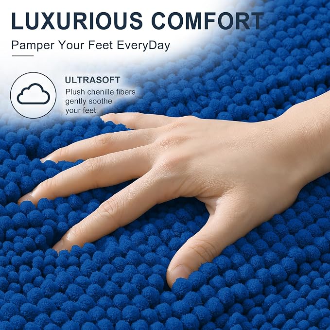 Smiry Thick Small Chenille Bathroom Rugs 24x16, Bath Mat, Deep Navy Blue | Quick‑Dry & Machine Washable, Non‑Slip Bath Carpet, Soft Striped Bath Rugs for Tub & Shower, Modern Home Decor Accessories