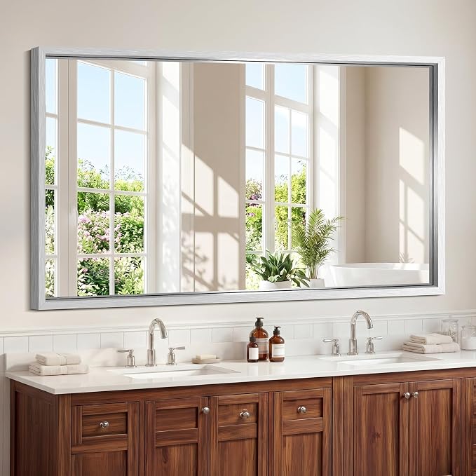 COFENY Bathroom Mirror, 30x55 Brushed Silver Rectangle Mirrors, Thickened Deep Metal Frame Bathroom Vanity Mirrors for Over Sink, Bedroom, Entryway, HD Tempered Glass, Horizontally or Vertically