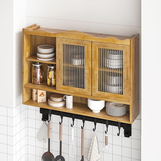 KEIKI 35.4" L Wall Mounted Kitchen Sideboard Cabinet with 2 Sliding Glass Door, 3 Layers Shelves, Retro Storage Buffet Medicine Cabinet for Bathroom, Dining Rooms, Entryway, Solid Wood, Natural
