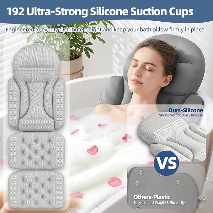 Full Body Bath Pillow for Tub, Ergonomic Head Neck Back Support, 192 Non-Slip Suction Cups, Thick Cushion with Laundry Bag, Fits Most Bathtub, 56"x16" Grey
