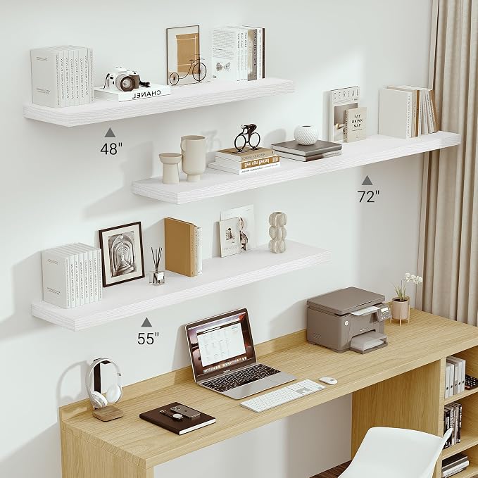 Vivelove Deep Floating Shelves 72x12” Set of 1, White | Easy Install With Hardware, 2" Thick, Invisible Brackets, Wall Mounted, No Sagging, For Any Room