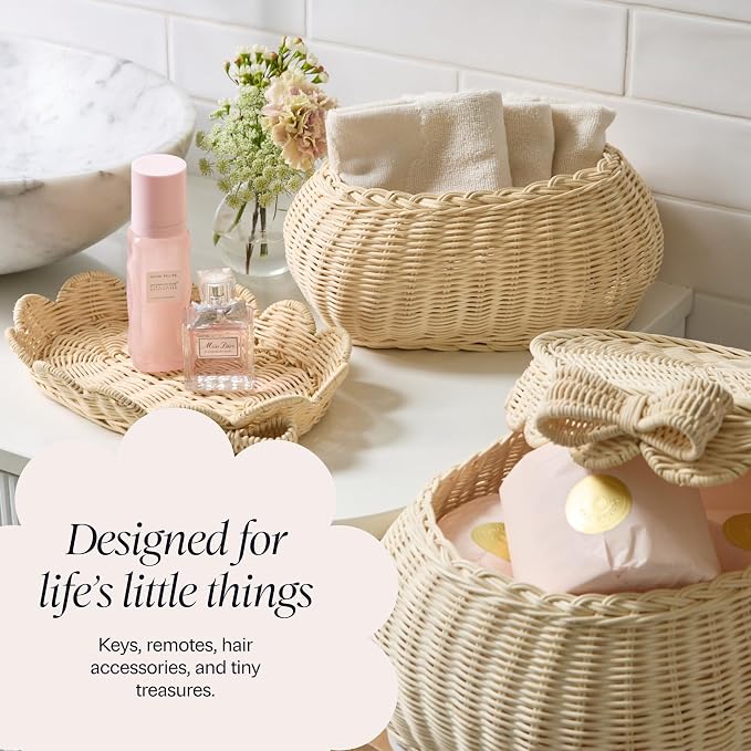 BEBE BASK Original Scalloped Bow Basket with Lid - Set of 2 (15x11x6 In) | Award Winner, Handwoven Rattan, Scalloped Wicker Basket, Woven Baskets for Storage, Nursery Storage, Scallop Basket (Bow)
