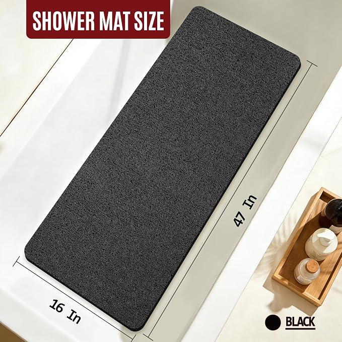 47 * 16in Shower Mat Bathtub Mat Non Slip | Bathmats Non Slip, Quick Drying Foot Scrubber Loofah Mats for Inside Shower, Tub, Bathroom, Home, Black