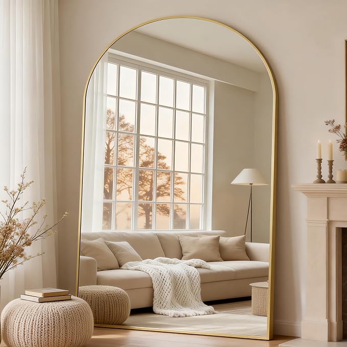 Dewfig Arched Full Length Mirror, 86"x46" Large Floor Mirror, Gold | Aluminum Alloy Frame Oversized Full Body Mirror, HD Shatterproof Tempered Glass, Lean/Stand/Wall for Living Room,Bedroom