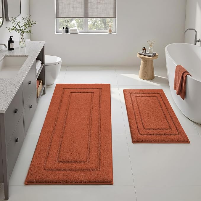 HOMEIDEAS Bathroom Rugs Sets 2 Piece, Super Soft and Absorbent Non Slip Microfiber Machine Washable Bath Mat Set (20" x 47" + 16" x 24", Burnt Orange)