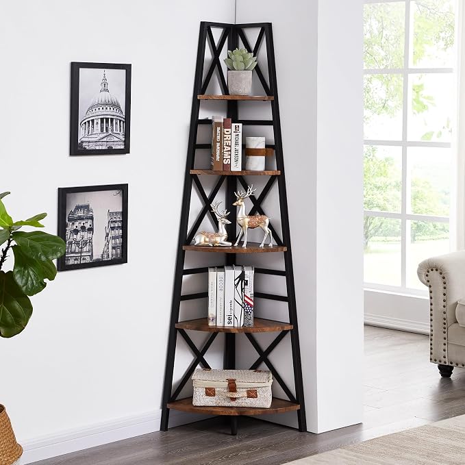 5 Tier Corner Shelf,72 Inch Tall Corner Bookshelf,Rustic Brown | Sturdy Corner shelf Standing,Industrial design,Easy assembly,Suitable for living room,Office,Corner Space
