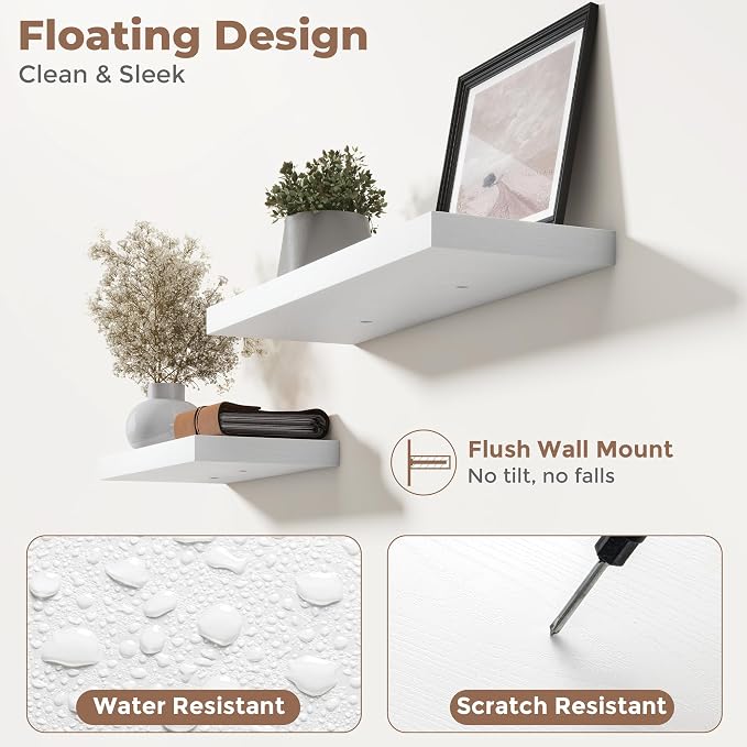 48 Inch Floating Shelves for Wall 2 Pack, 8"D Wood Grain Bathroom Shelves | Invisible Brackets, White Finish, Easy Install | Engineered Wood Storage Shelves for Kitchen, Study, Bedroom