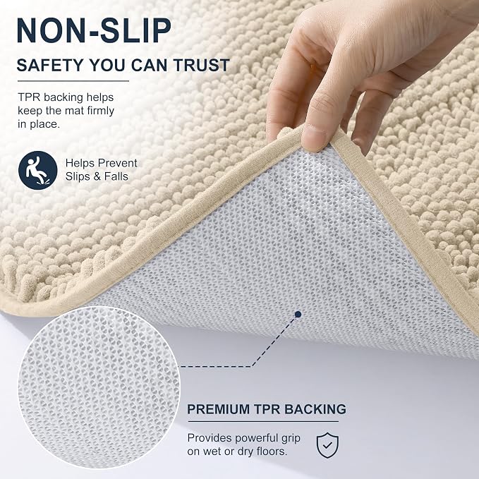 Smiry Thick Chenille Bathroom Runner Rugs 47x20, Absorbent Bath Mat, Sand | Quick‑Dry & Machine Washable, Non‑Slip Bath Carpet, Soft Striped Bath Rugs for Tub & Shower, Modern Home Decor Accessories
