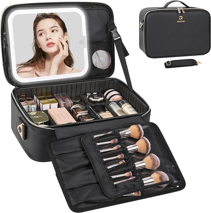 Relavel Makeup Train Case With LED Mirror, Professional Travel Cosmetic Bag with Removable Partitions,Compact Makeup Organizer, Waterproof Toiletry Case for Women, Black