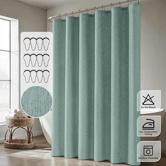 ANRODUO Teal Linen Textured Fabric Shower Curtain Set - W72xL74 | Farmhouse Shower Curtain with 12 Metal Hooks, Waterproof Heavy Duty, Button Hole Design, Machine Washable for Bathroom